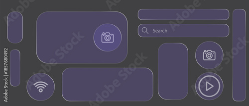 Purple Glassmorphism UI Kit with Frosted Glass Effect. Modern Translucent User Interface Set including Search, Camera, and Media Icons.