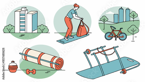 Home Gym Equipment And Outdoor Fitness Illustration Set Healthy Lifestyle Wellness Routine And Exercise Training