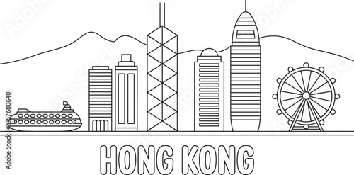 Hong Kong city skyline line drawing iconic skyscrapers cruise ship ferris wheel with mountains