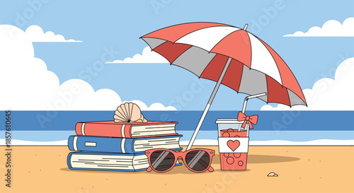 Relaxing beach vacation scene featuring a stack of books, a refreshing drink, sunglasses, and an umbrella on the sandy shore.