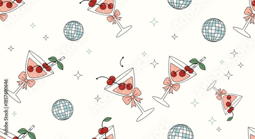 Festive seamless pattern featuring martini glasses filled with pink liquid and cherries alongside sparkling disco balls and stars.
