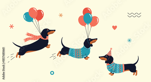 Adorable dachshund dogs celebrating with colorful balloons and wearing cozy patterned winter sweaters in a whimsical illustration.