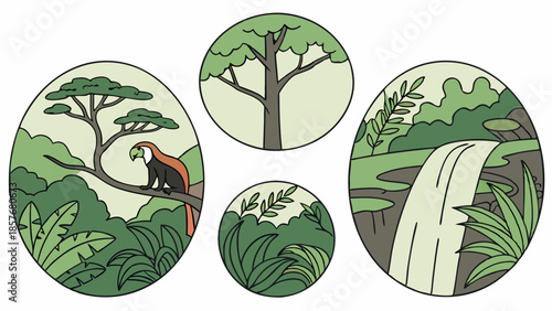 Tropical Jungle Environment Illustration Set Macaw Waterfall Tree Lush Greenery Ecology and Nature Conservation Design