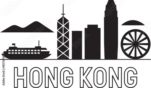 Hong kong city skyline silhouette vector illustration with famous landmark buildings and mountains