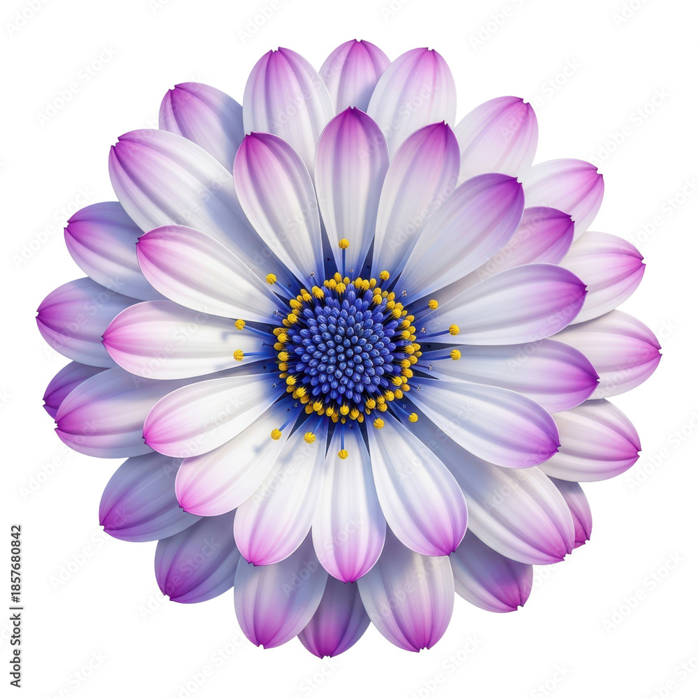 Obraz premium Beautiful purple and white flower isolated on transparent background with yellow center details
