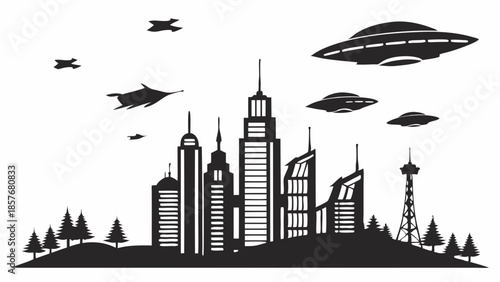 Sci Fi City Skyline Silhouette Alien Invasion UFOs and Futuristic Fighter Jets Dramatic Graphic Design