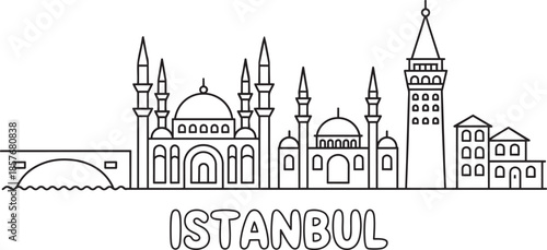 Istanbul turkey cityscape line art vector illustration featuring historical buildings and towers
