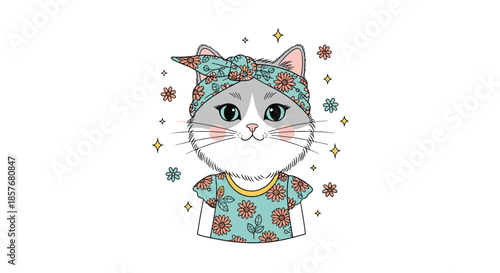 Fashionable grey and white cat character wearing a matching floral headband and shirt decorated with colorful daisy flowers in a stylish art style.