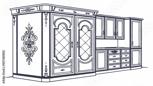 Luxurious Ornate Built-in Cabinets Vector Line Art Illustration Classic Interior Design Furniture Sketch Traditional Storage Unit