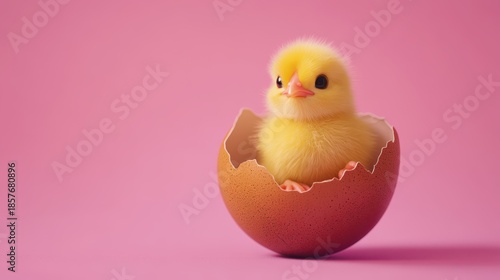 Newborn chick hatching from eggshell on pink background with copy space