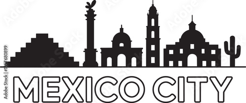 Mexico city black silhouette skyline vector with pyramid monument cathedral and cactus
