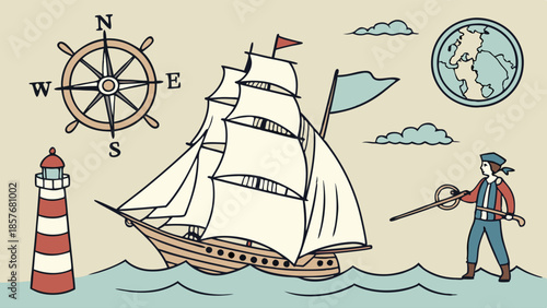 Vintage Maritime Navigation Illustration Sailing Ship Lighthouse Compass Rose and Sailor Planning Global Strategy Adventure Journey