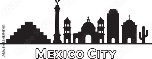 Mexico city silhouette vector skyline featuring pyramid monument church towers and cactus