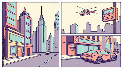 Dynamic Urban Cityscape Illustration Retro Comic Style Downtown Street Scene with Helicopter and Sports Car