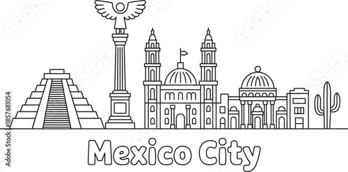 Mexico city line art skyline vector featuring pyramid monument cathedral and cactus