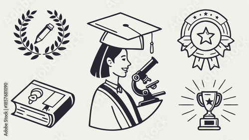 Female Science Graduate Research Icons Set Academic Achievement Award Trophy and University Education Line Art