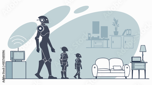 Humanoid AI Robot Family Walking in Smart Home Showing Technology Evolution and Robotics Development Vector Illustration