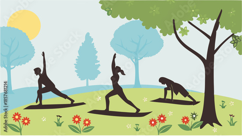 Women Silhouettes Practicing Yoga Poses Outdoors in Sunny Park Nature Fitness and Wellness Vector Illustration