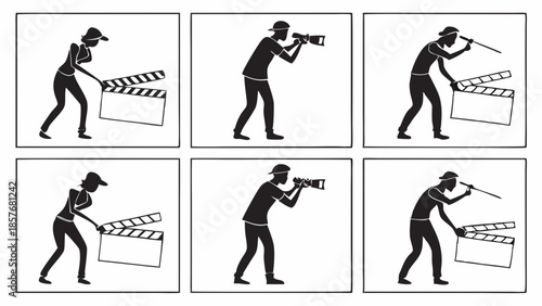 Film Production Crew Silhouettes Clapperboard Cameraman and Boom Operator Working on Set