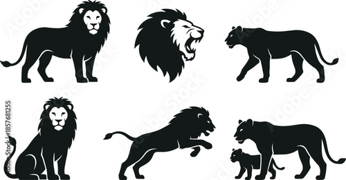 Black Silhouette Lion Family And Roaring Lion Head Icons Keywords: lion, lions, lioness, cub, family, big cat, wild animal