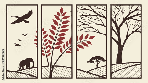 Minimalist African Savanna Landscape Decorative Panel Set Vector Illustration Wildlife Elephant and Acacia Trees Wall Decor Design