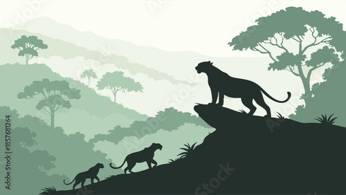 Confident Panther Leader Silhouette on Cliff Guiding Family Through Misty Jungle Vector Art for Business Growth and Mentorship