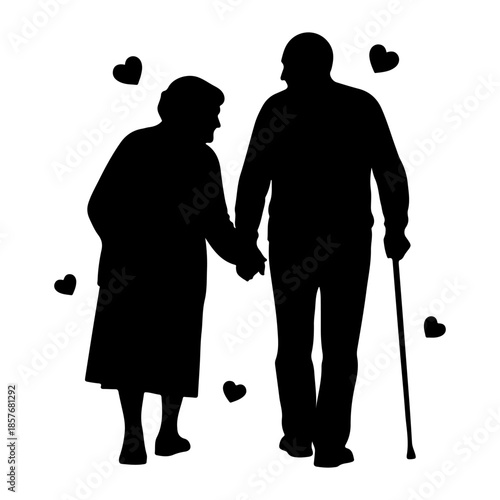 Elderly couple walking hand-in-hand surrounded by hearts Vector