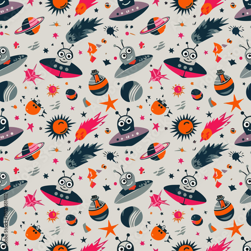 A whimsical seamless pattern showcases cheerful cartoon aliens, vibrant planets, glowing stars, and speedy rockets, creating a charming cosmic design for kids' products.
