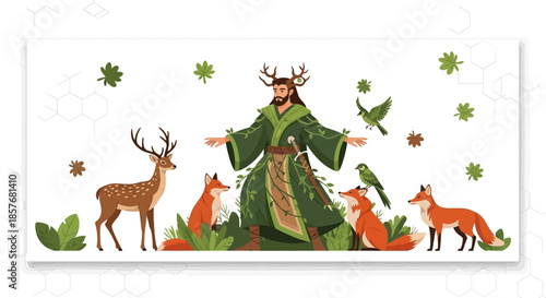 Druid Ranger with Deer, Foxes, and Birds in Forest Nature Scene