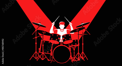 Drummer Playing Drums under Spotlight - Red and Black Silhouette Graphic