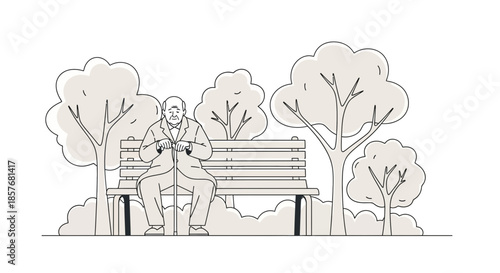 Elderly Man Sitting on Park Bench with Walking Stick, Serene Outdoor Illustration