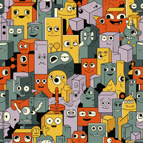 A vibrant, playful, and whimsical seamless pattern featuring a diverse crowd of colorful, blocky cartoon characters with various amusing expressions.