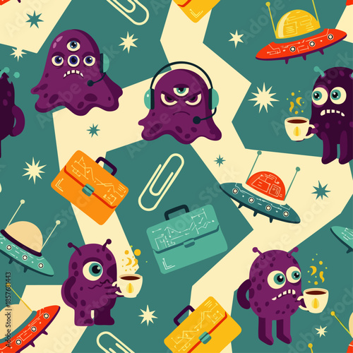 A whimsical seamless pattern portrays an imaginative extraterrestrial office setting, with quirky purple aliens, flying saucers, briefcases, and coffee cups.