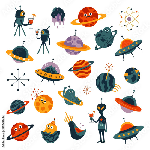 Whimsical cartoon aliens and planets in a retro space adventure, exploring the cosmos with fun and imagination.
