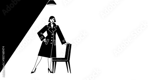 Elegant Woman in Trench Coat Posed by Chair Under Spotlight, Black and White Minimalist Art