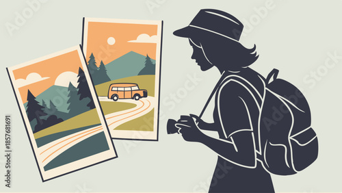 Woman Traveler Silhouette Viewing Vintage Road Trip Posters Adventure Photography and Tourism Marketing Flat Design Illustration