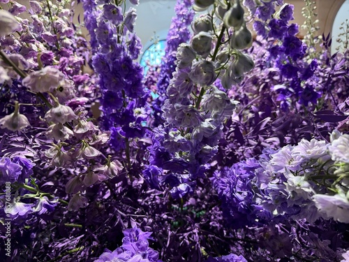 Lush purple delphinium floral installation