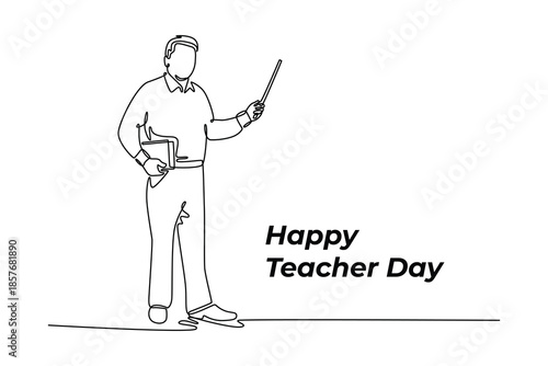 Full length portrait of a male teacher holding a wand and book. Teacher day concept. Single line draw design. Vector graphic illustration