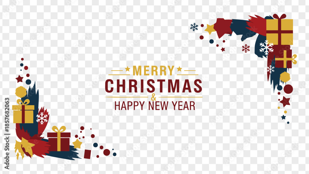 Obraz premium Merry christmas and happy new year greeting card with colorful gift boxes and decorations