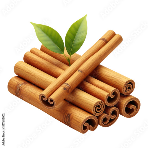Cinnamon sticks with green leaves isolated on transparent background