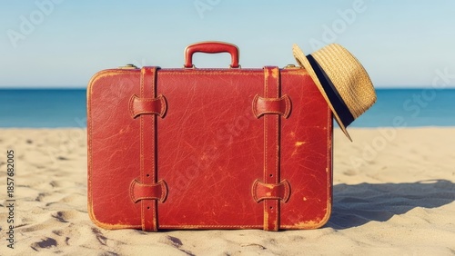 Vintage red suitcase and straw hat on sandy beach by ocean