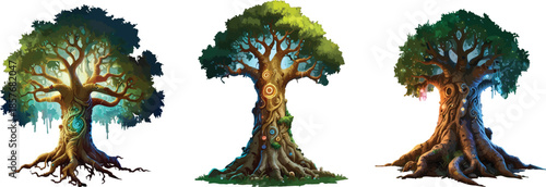 Enchanted fantasy trees with glowing symbols, magical game assets