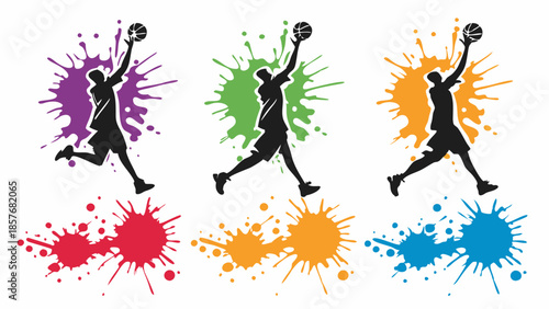 Vibrant Basketball Player Silhouette Jumping Over Colorful Ink Splatter Background Dynamic Sports Poster Graphic Design