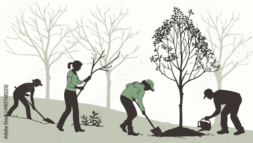 People Planting New Trees Outdoors Group Working Together for Environmental Sustainability and Corporate Social Responsibility