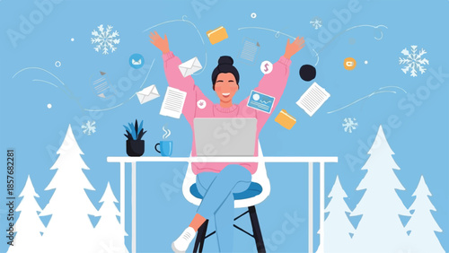 Happy Woman Working Remotely on Laptop in Winter Scene with Flying Digital Documents