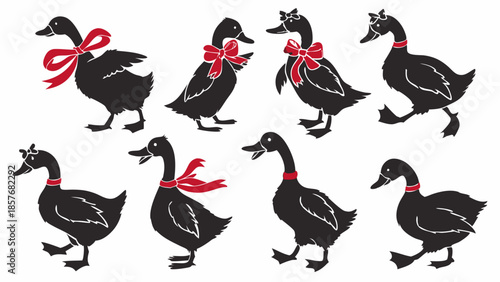Black Goose and Duck Silhouettes Set with Red Ribbons Vintage Decorative Graphics for Holiday Print Design