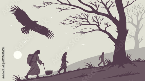 Monochrome Silhouette of Pilgrims Walking Uphill Path Under Flying Eagle Spiritual Journey and Perseverance Editorial Illustration