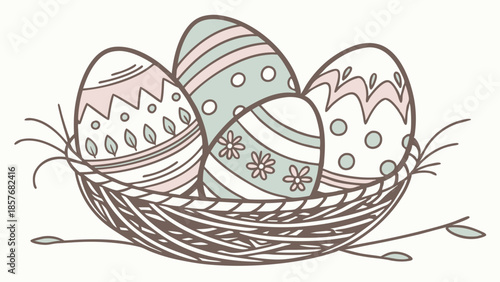 Hand Drawn Pastel Easter Eggs in Nest Illustration Spring Holiday Decoration Vector Graphic for Greeting Cards and Web Design