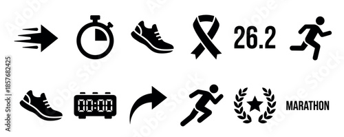 Black marathon and running icon set featuring a runner silhouette, stopwatch, sneaker, awareness ribbon, timer, and laurel wreath symbols for athletic competition and charity races