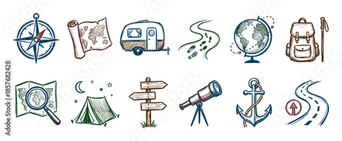 Colorful collection of hand-drawn travel icons in a sketch doodle style, featuring a compass, map, globe, backpack, and camper for adventure and tourism concepts